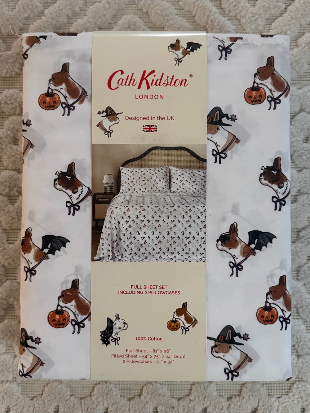 Cath Kidston Halloween French Bulldog Spooky 100% Cotton Full Sheet Set BNWT